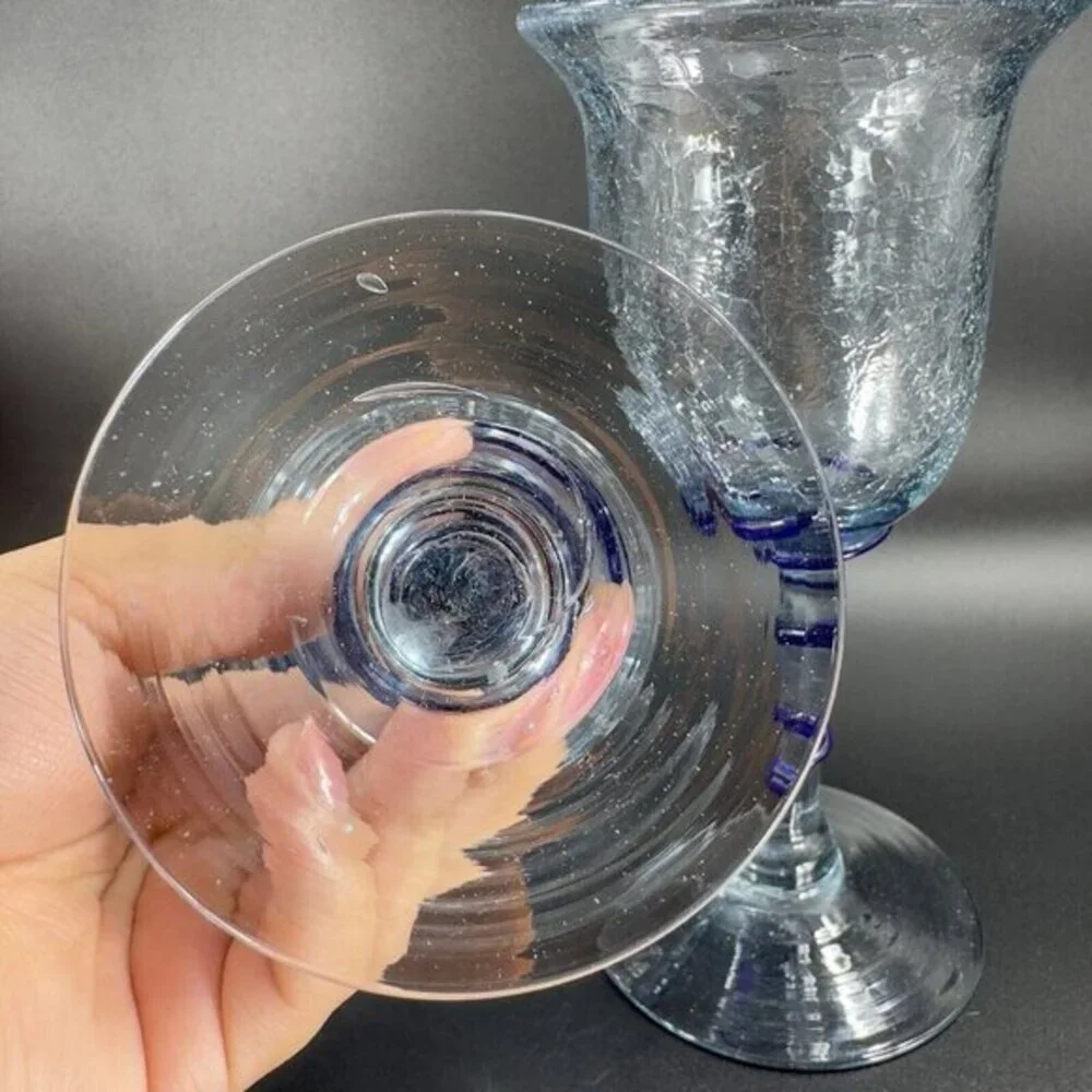 Hand‎ Blown Crackle Glass Goblet Drinking Glasses Set 2 Clear Blue Swirl Goblets